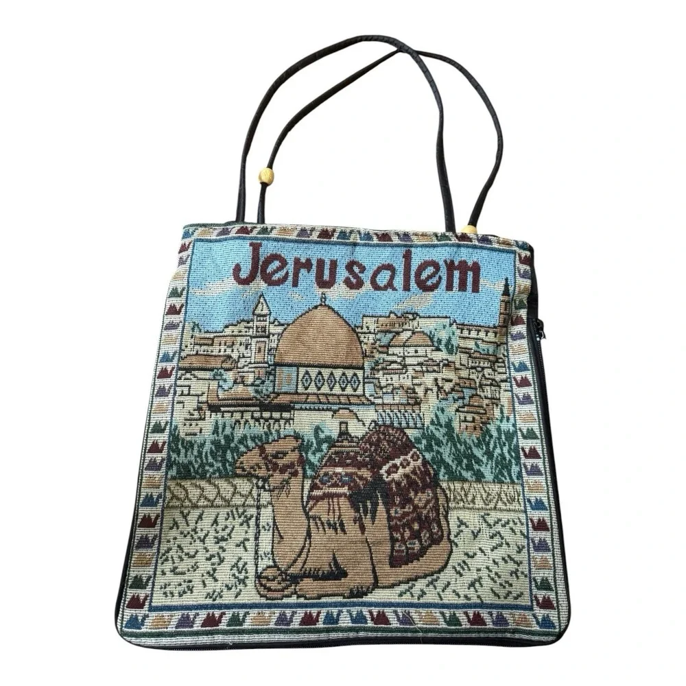 Jerusalem Woven Tapestry Tote Bag Camel Double Sided Zippered Israel Souvenir